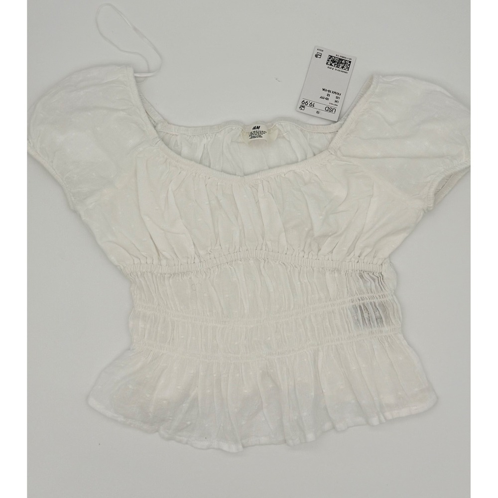 HM Girls White Smocked Peplum Top Puff Sleeve Textured Blouse Size 12 NWT
